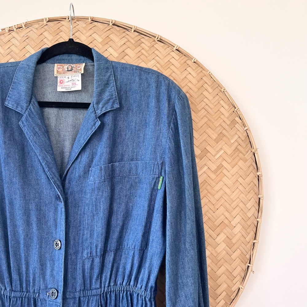 VINTAGE 80’S GENE EWING BIS BIS WRINKLED RICH DENIM DRESS W/ SHOULDER PADS - Picture 4 of 16